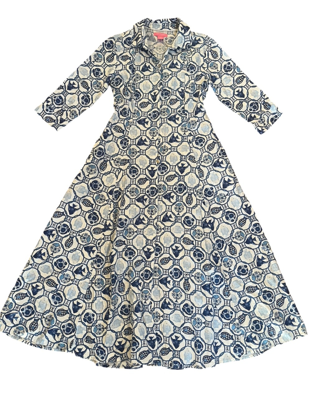Isaac Mizrahi Nautical Fish Patterned Blue Linen Collared Button Up Maxi Dress